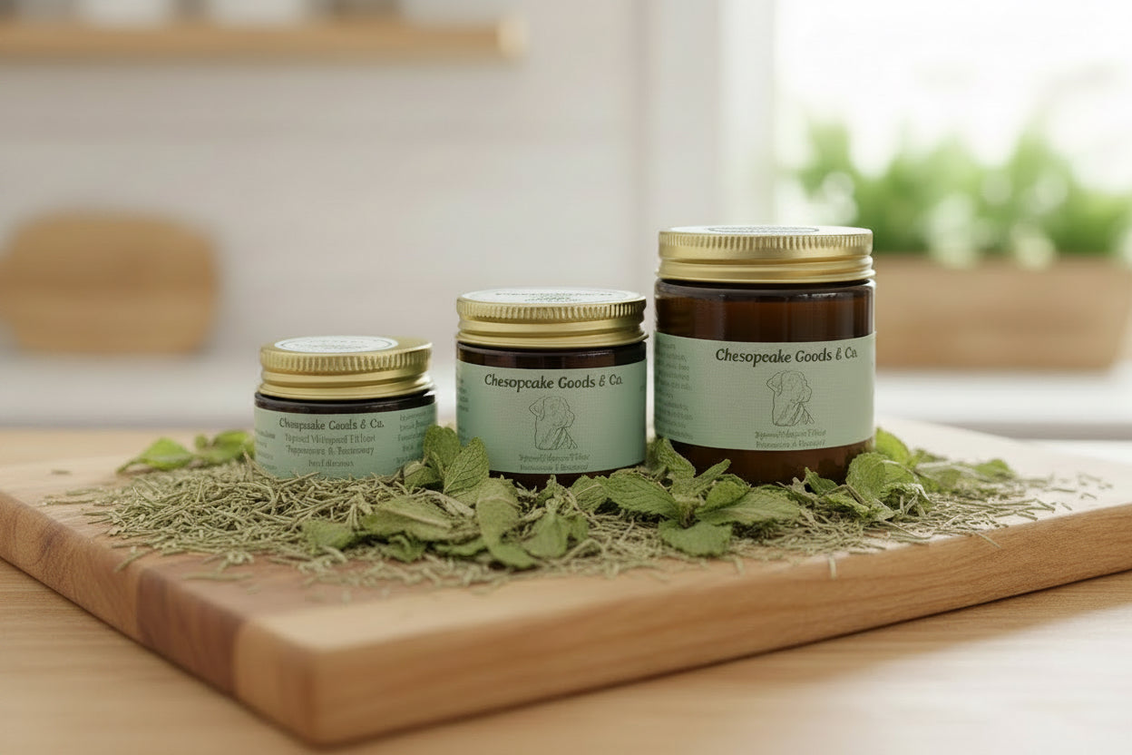Three jars of Chesapeake Goods & Co. arranged by size, infused whipped tallow, scented with peppermint and rosemary, sit atop a bed of dried herbs on a wooden c cutting board.
