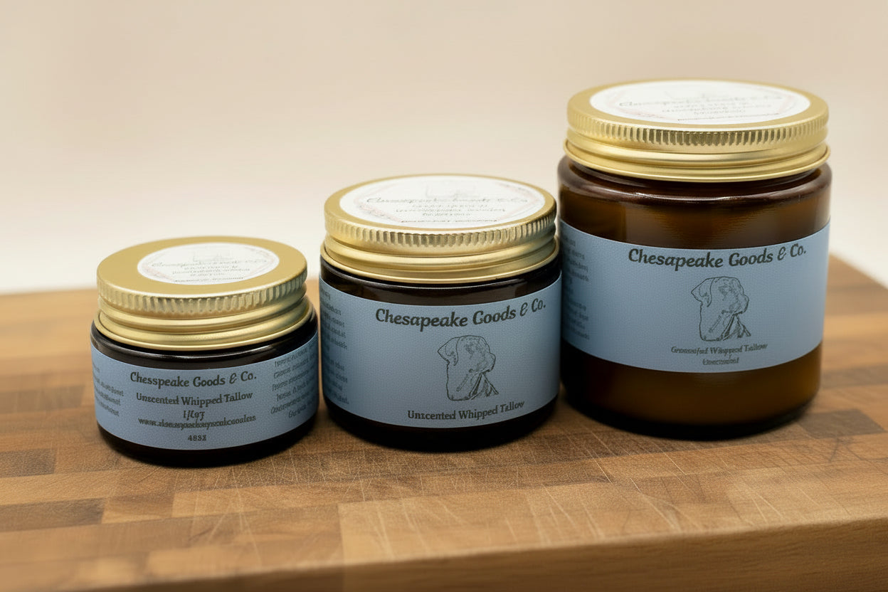 Three jars of Chesapeake Goods & Co. Unscented Whipped Tallow, showcasing different sizes of the natural skincare product.
