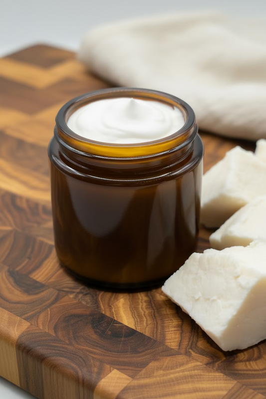 An amber glass jar of white moisturizing balm sits on a wooden cutting board, nearby a white linen cloth and blocks of hard tallow.